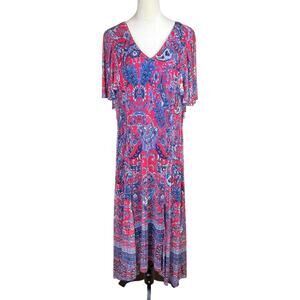 Reba Red White Blue Soft Mesh Floral Paisley Flutter Sleeve Maxi Midi Slip Dress
